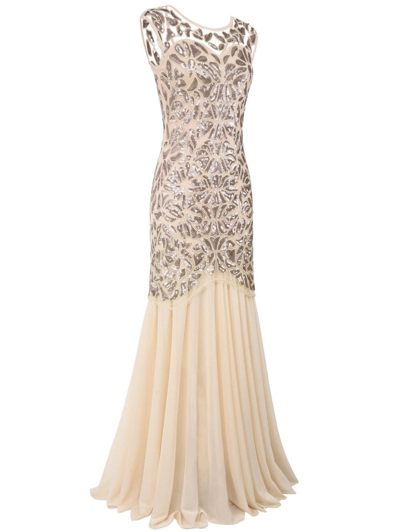 PrettyGuide Women 's 1920s Art Deco Sequin Gatsby Formal Evening Prom Dress L Champagne - Image 3